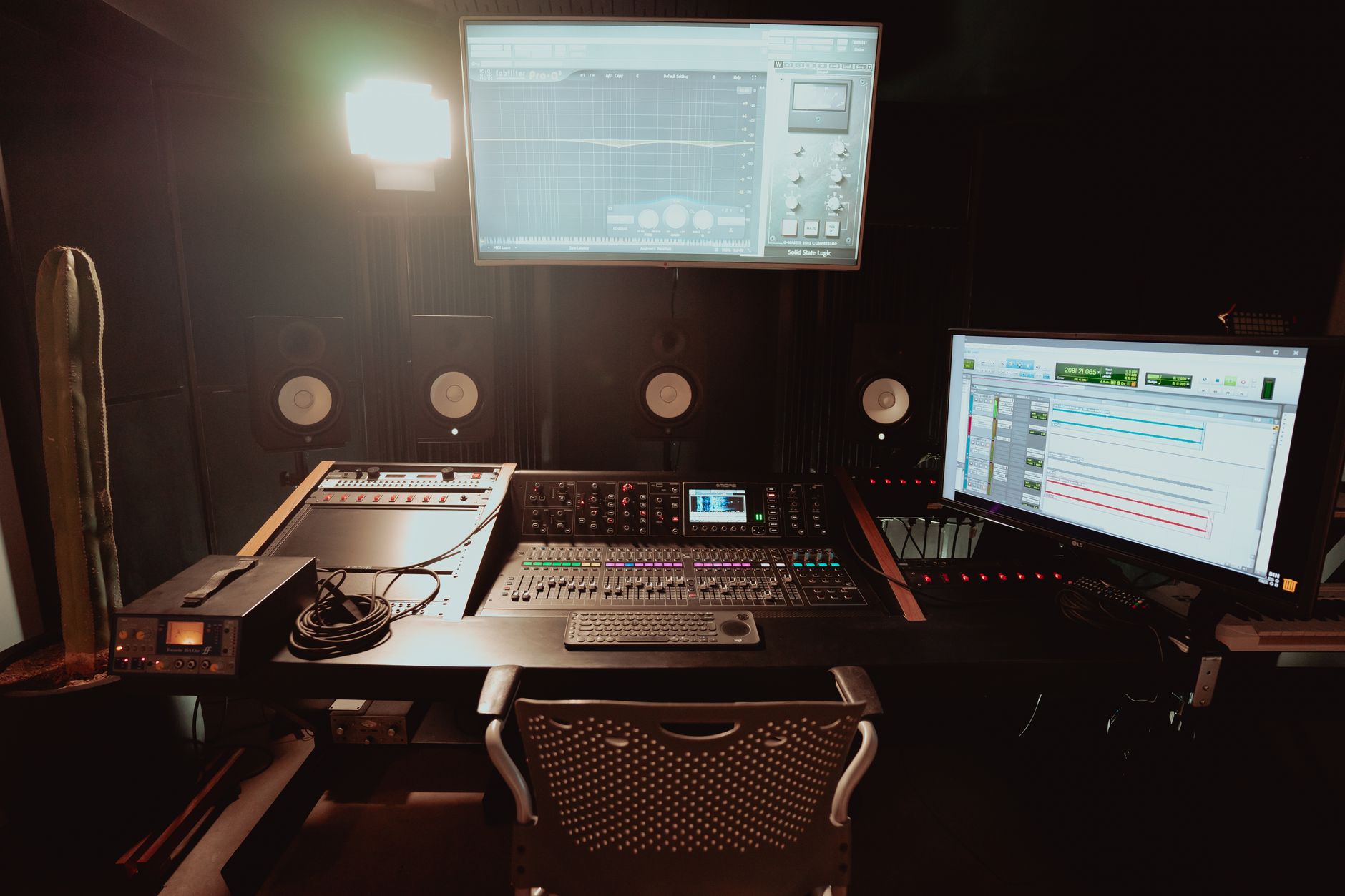 home recording studio setup with audio interface and studio monitors